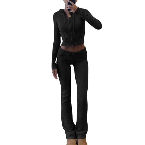 EGSDMNVSQ Zweiteiler Damen Y2K Jogginganzug Zip Up Jacke mit Kapuze und Slim Fit Hose Hosenanzug 2 Teiler Strick Loungewear Langarm Outfit Set 90er Streetwear von EGSDMNVSQ