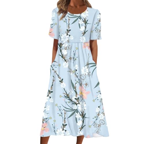 Freizeitkleider für Damen Sommerkleid Halbarm Rundhals Vintage Kleid Blumenmuster Strandkleid Hohe Taille A-Linie Midikleid Boho Kleid Lang Partykleid mit Taschen von EGSDMNVSQ