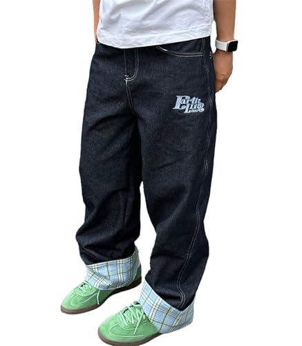 Baggy Jeanshose Damen - Hohe Taille Hip Hop Denim Hose Mit Skull Print - Lose Weite Bein Streetwear Freizeithose von EGSDMNVSQ