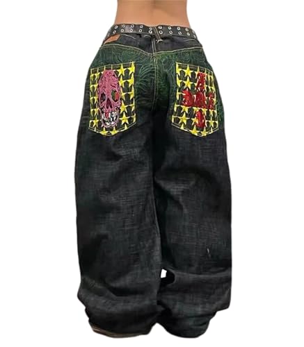 Jeans Damen Baggy Jeanshose Hip Hop Jeans Hohe Taille Baggy Hose Skull Print Denim Hose Lose Weite Bein Jeans Streetwear Freizeithose von EGSDMNVSQ