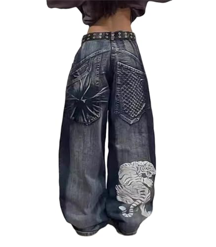 Baggy Jeanshose Damen - Hohe Taille Hip Hop Denim Hose Mit Skull Print - Lose Weite Bein Streetwear Freizeithose von EGSDMNVSQ