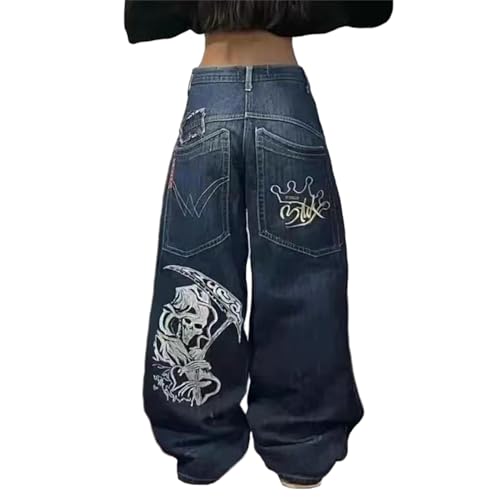 Jeans Damen Baggy Jeanshose Hip Hop Jeans Hohe Taille Baggy Hose Skull Print Denim Hose Lose Weite Bein Jeans Streetwear Freizeithose von EGSDMNVSQ