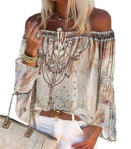 Longshirt Damen Langarmshirt Sommer Oberteile Elegant Chiffon Schulterfrei Tshirt Langarm Bluse Boho Tunika Shirts Top von EGSDMNVSQ