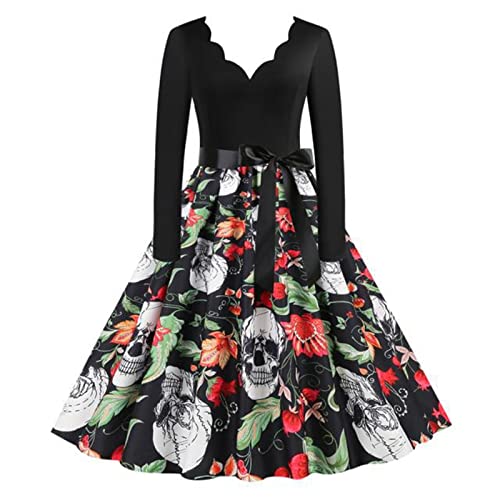 Rockabilly Kleid Damen Gothic Totenkopf Rosendruck Partykleid Halloween Kostüm Langarm V-Ausschnitt Ballkleid Swing Cocktailkleid Tunikakleid mit Gürtel Mittelalter Abendkleid Festival von EGSDMNVSQ