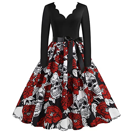 Rockabilly Kleid Damen Gothic Totenkopf Rosendruck Partykleid Halloween Kostüm Langarm V-Ausschnitt Ballkleid Swing Cocktailkleid Tunikakleid mit Gürtel Mittelalter Abendkleid Festival von EGSDMNVSQ