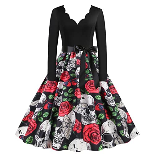 Rockabilly Kleid Damen Gothic Totenkopf Rosendruck Partykleid Halloween Kostüm Langarm V-Ausschnitt Ballkleid Swing Cocktailkleid Tunikakleid mit Gürtel Mittelalter Abendkleid Festival von EGSDMNVSQ