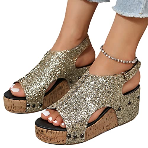 Sandaletten Mit Absatz Damen Sandalen Plateau Keilabsatz Wedge Peep Toe Strandschuhe Römersandalen Pailletten Sommerschuhe Mode Pantoletten von EGSDMNVSQ