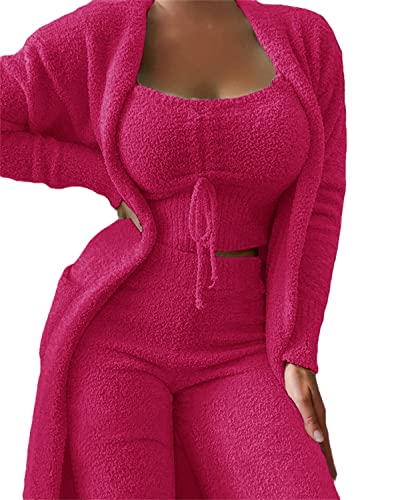 Schlafanzüge für Damen Winter Warm Plüsch Pyjamas Mädchen Dreiteilig Ensembles De Pyjama Warm Coral Fleece Samt Nachtwäsche Kapuzenjacke Crop Tank Top Und Shorts Hoher Oder Hoher Taille Hose von EGSDMNVSQ