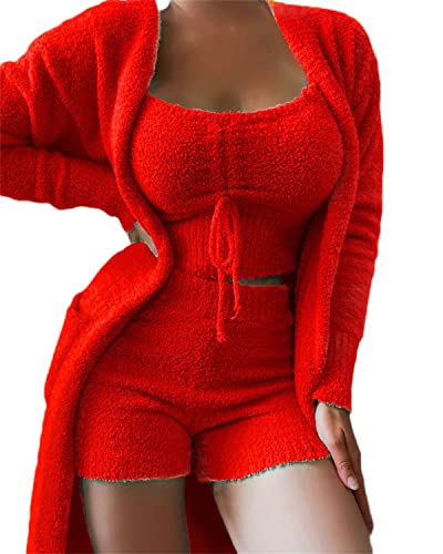 Schlafanzüge für Damen Winter Warm Plüsch Pyjamas Mädchen Dreiteilig Ensembles De Pyjama Warm Coral Fleece Samt Nachtwäsche Kapuzenjacke Crop Tank Top Und Shorts Hoher Oder Hoher Taille Hose von EGSDMNVSQ