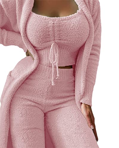 Schlafanzüge für Damen Winter Warm Plüsch Pyjamas Mädchen Dreiteilig Ensembles De Pyjama Warm Coral Fleece Samt Nachtwäsche Kapuzenjacke Crop Tank Top Und Shorts Hoher Oder Hoher Taille Hose von EGSDMNVSQ