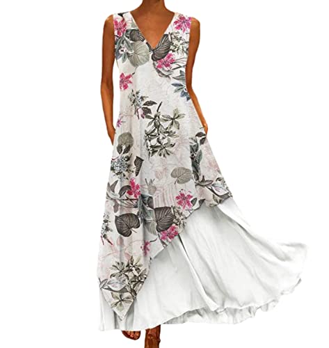 Sommerkleid Damen Kleider Strand Elegant Casual A-Linie Kleid Ärmellos Sommerkleider Böhmen Rüsche Lose Maxi Langes Kleider Große Größe Freizeitkleid von EGSDMNVSQ