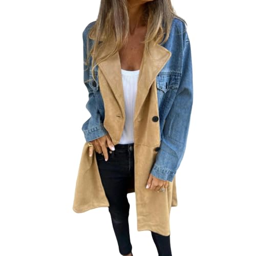 EGZNPDZU Jeansjacke Damen Damen Denim Jacke Anzug Kragen Denim Patchwork Mid-Länge Denim Jacke-Cowboyblau-5Xl von EGZNPDZU