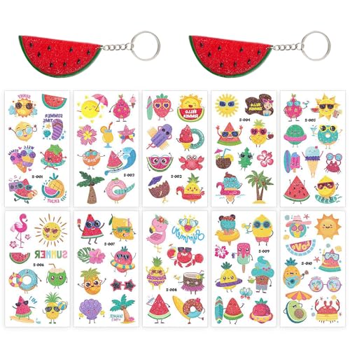 10 Sommer-Tattoo-Aufkleber, 2 Wassermelonen-Schlüsselanhänger, Pool-Party-Tattoo-Aufkleber, Arm-Tattoo-Aufkleber von EHDWXVZM