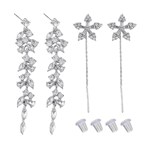 2 Paar Lange Strass-Ohrringe, Damen-Ohrringe, Tropfen-Ohrringe, Lange Hänge-Ohrringe, Glitzer-Ohrringe, Hänge-Ohrringe Silber, Funkelnde Hänge-Ohrringe von EHDWXVZM