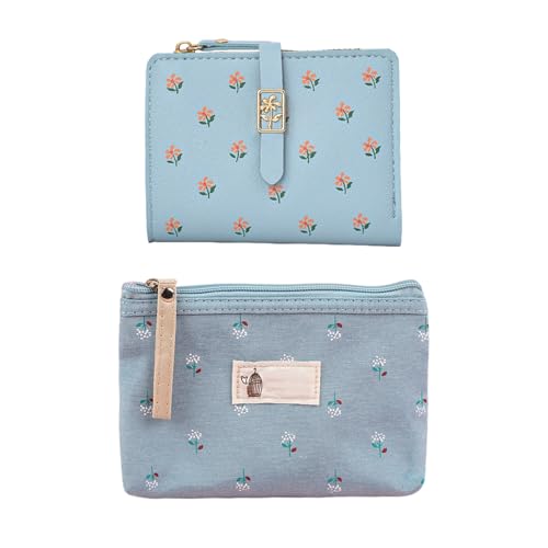EHDWXVZM 1 Geldbörse Mit Blumenmuster Und 1 Geldbörse Aus Segeltuch Mit Blumenmuster, Modische Damentasche, Multifunktionaler Kartenhalter, Tragbare Kosmetiktasche, Süße Mädchentasche von EHDWXVZM
