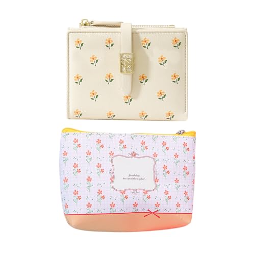 EHDWXVZM 1 Leder-Brieftasche Mit Blumenmuster Und 1 Geldbörse Mit Blumenmotiv, Kurzes Portemonnaie, Süßes Portemonnaie, Damen-Geldbörse, Multifunktionaler Kartenhalter, Mini-Aufbewahrungstasche von EHDWXVZM