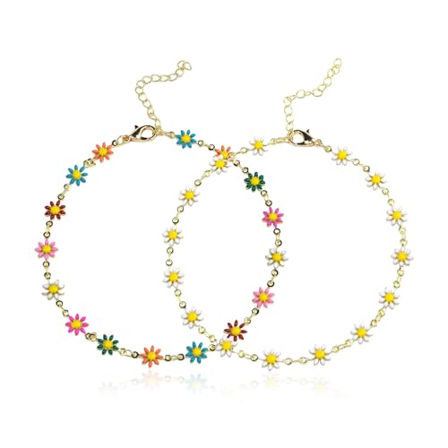 EHDWXVZM 2 Kleine Gänseblümchen-Fußkettchen, Florale Fußkettchen Für Frauen, Fußkettchen Im Boho-Stil, Verstellbare Fußkettchen, Fußschmuck von EHDWXVZM