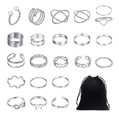 EHDWXVZM 22 Stück Verstellbare Ringe, 1 Stück Aufbewahrungstasche, Damen-Daumenringe, Damen-Ring-Set, Silberring-Set, Stapelbare Ringe von EHDWXVZM