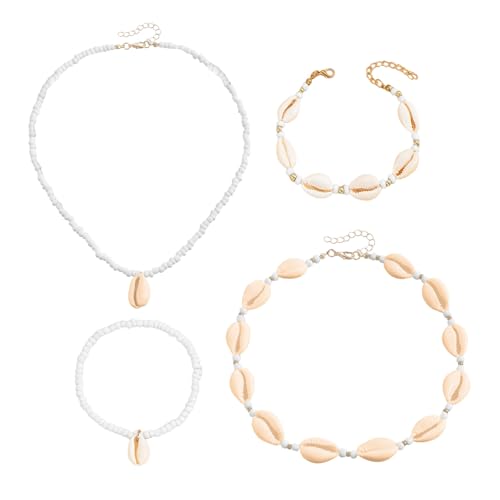 EHDWXVZM 4 Stück Damen-Muschelschmuck, Damen-Schmuckset, Sommer-Muschel-Fußkettchen, Verstellbare Muschel-Halskette, Damen-Strandaccessoires von EHDWXVZM
