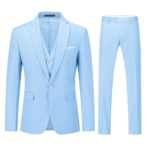 YOUTHUP Herren Anzug Slim Fit 3 Teilig Anzüge für Hochzeit Business Herrenanzug Sakko Anzughose Weste, Hell Blau, S von YOUTHUP