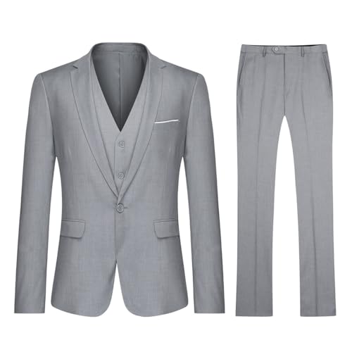 YOUTHUP Herren Anzug Slim Fit 3 Teilig Anzüge für Hochzeit Business Herrenanzug Sakko Anzughose Weste, Hellgrau, XS von YOUTHUP