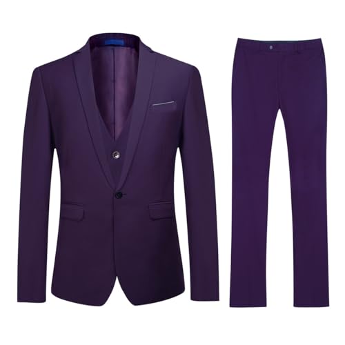 YOUTHUP Herren Anzug Slim Fit 3 Teilig Anzüge für Hochzeit Business Herrenanzug Sakko Anzughose Weste, Violett, S von YOUTHUP