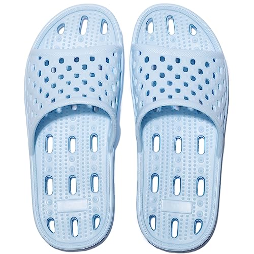 Badelatschen Damen Herren Hohle Undichte Unisex Sommersandalen Slippers Weich Rutschfeste Schnell Trocknende Dusch Badeschlappen Hausschuhe für Meer Pool Strand Schwimmen Indoor Outdoor (38-39,Blau) von EHOTER