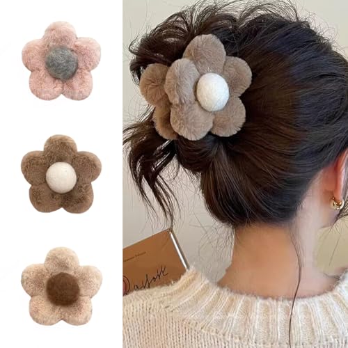 Blumen Haarspange 3 Stück Blumen Plüschmaterial Haarclips für dickes Haar dünnes Haar starker Halt Nonslip Haarclips für Mädchen Damen Frauen Geschenk (3 Stk) von EHOTER