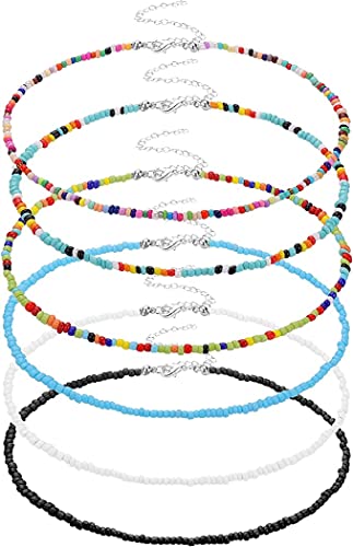 EHOTER Bunte Perlen Ketten 6 Stück Boho Strand Perlen Halsketten Armbänder Verstellbares Boho Handgemachte Glasperlen Fußkettchen für Damen Mädchen Schmuck von EHOTER