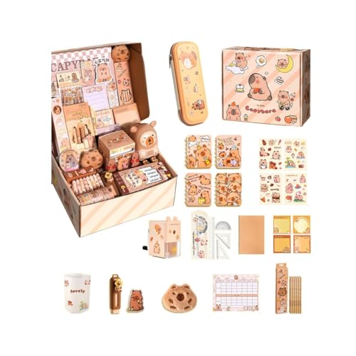 EHOTER Capybara Schreibwaren-Set Capybara Things Federmäppchen Ästhetisch Groß mit Bleistiften Linealen Radiergummis StifteAufkleber Bleistiftspitzer Niedliches Schreibwaren Geschenkset für Kinder, 1 von EHOTER
