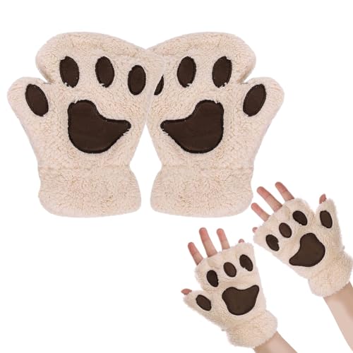 EHOTER Fingerlose Handschuhe Damen Katzenpfoten Nette Halbe Handschuhe Warme Winterhandschuhe Krallen Plüsch Fingerhandschuhe Weich Fahrradhandschuhe Cosplay Geschenk (Beige,Einheitsgröße) von EHOTER