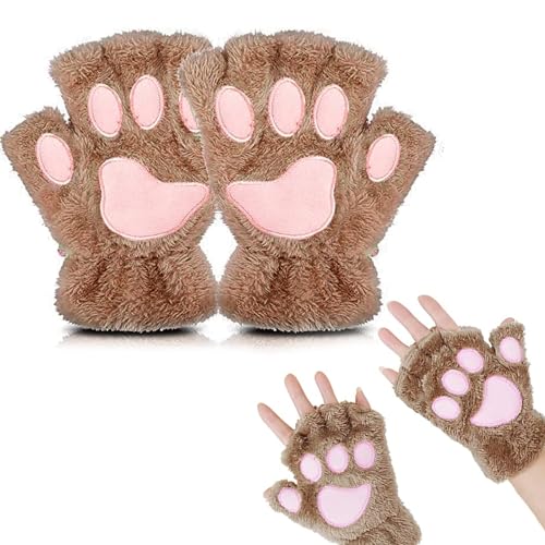 EHOTER Fingerlose Handschuhe Damen Katzenpfoten Nette Halbe Handschuhe Warme Winterhandschuhe Krallen Plüsch Fingerhandschuhe Weich Fahrradhandschuhe Cosplay Geschenk (Hellbraun,Einheitsgröße) von EHOTER