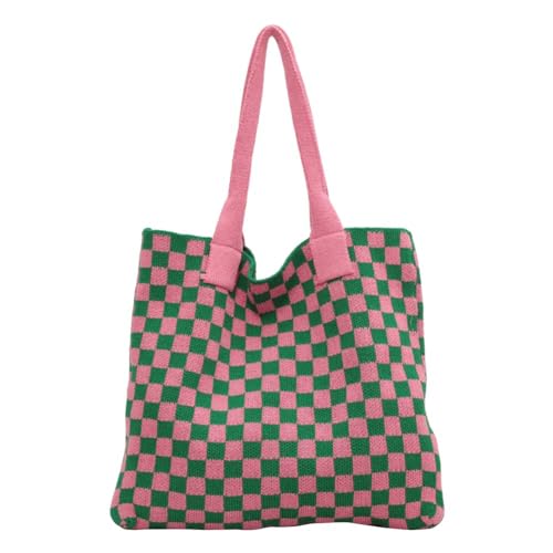 EHOTER Häkeltasche für Damen, große Kapazität, Schultertasche, Handtaschen, Stricken, Hobo-Tasche, ästhetisch, handgefertigt, Webgeschenk, Geschenk für Frauen und Mädchen, Pink-Grün von EHOTER