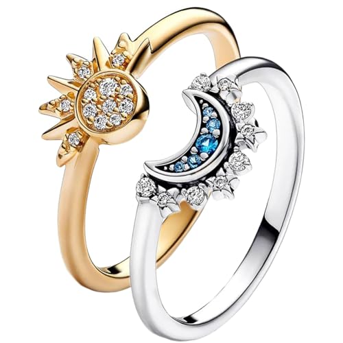 EHOTER Himmlisch Funkelnd Sonne und Mond Stapelbare Ringe mit Sonne und Mond Verstellbar Freundschaftsring Gold Paarringe Hochzeit Valentinstag Geburtstag Damen Mädchen Geschenke (6) von EHOTER