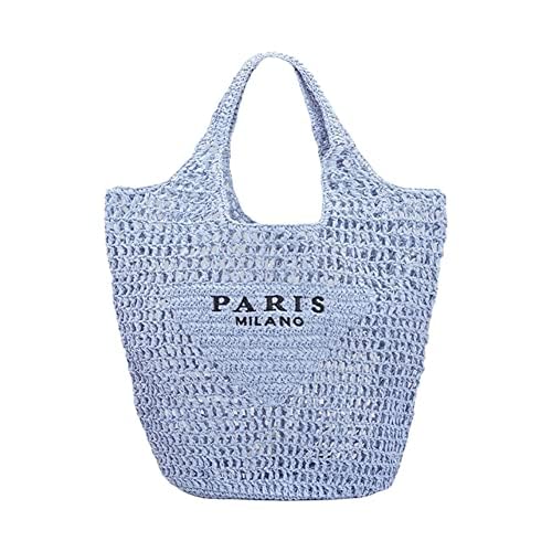 EHOTER Tragetasche aus Strohgeflecht Lässige Strandtasche aus Webstoff Faltbare Reise Pooltasche Damen Große Lässige Schultertasche mit Tasche Perfekt für Picknick Urlau Strand (Blau) von EHOTER
