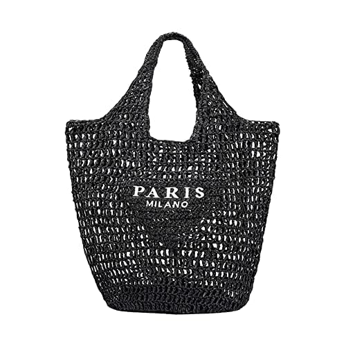 EHOTER Tragetasche aus Strohgeflecht Lässige Strandtasche aus Webstoff Faltbare Reise Pooltasche Damen Große Lässige Schultertasche mit Tasche Perfekt für Picknick Urlau Strand (Schwarz) von EHOTER