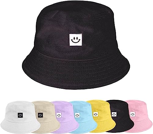 Fischerhüte Bucket Hat Unisex Sonnenhut Baumwolle Buckethut Faltbar Fischerhut Anglerhut Freizeithut Outdoor Smiling Face Hut Sommermütze 56-58cm Sonnenhut Herbst Camping Reisen Wandern (Schwarz) von EHOTER