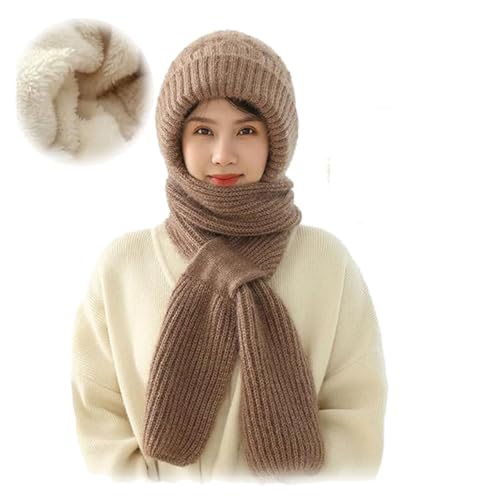 Integrierter Gehörschutz Winddichte Mütze Schal Warm Kapuzenschal für Frauen Winter 2 in 1 Maskenschal Strickmütze Schal Hut Schalmützn für Damen Herren Kinder Weihnachtsgeschenk (Einheitsgröße,Khaki) von EHOTER