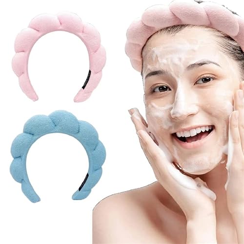 Puffy Make-up-Stirnband, 2 Stück, Spa-Gesichts-Stirnbänder, Schwamm und Frottee-Stoff, Kopfband für Hautpflege, Yoga, Gesichtswaschen, Make-up-Entfernung, Dusche und Gesichtsmaske (blau + pink) von EHOTER