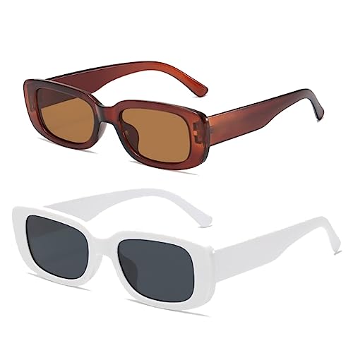 Rechteckig Sonnenbrillen 2 Stück Vintage 90er Retro Mode Sonnenbrillen Set mit UV 400 Schutz Sunglasses und Quadratischem Rahmen für Damen Herren Fahren Reisen Camping Outdoor Aktivitäten (Weiß+Braun) von EHOTER