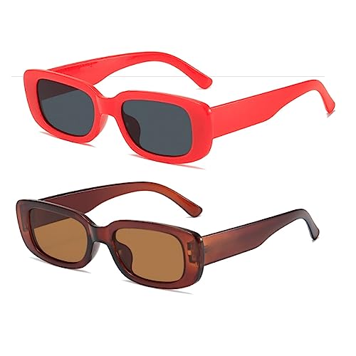 Rechteckig Sonnenbrillen 2 Stück Vintage 90er Retro Mode Sonnenbrillen Set mit UV 400 Schutz Sunglasses und Quadratischem Rahmen für Damen Herren Fahren Reisen Camping Outdoor Aktivitäten (Braun+Rot) von EHOTER