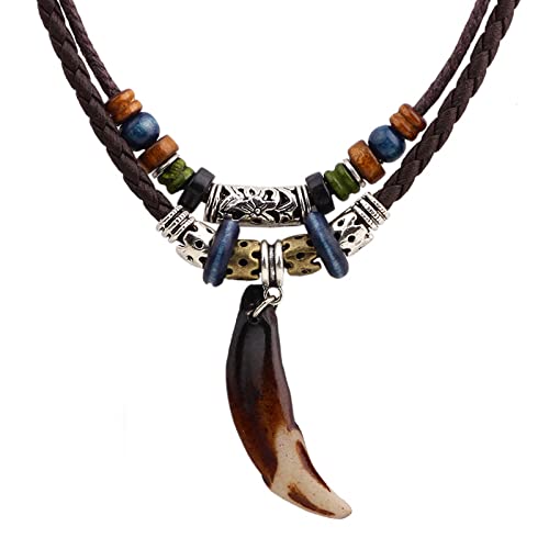 EHZBRCN Hundzahn Anhänger Halskette Doppelschichten Perlen Charme Halskette Leder Stammeskette Für Frauen Männer Ethnischer Schmuck Geschenk von EHZBRCN