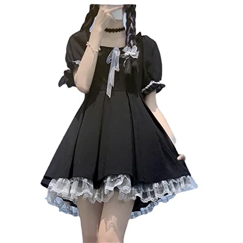 EIASER Niedlicher Lolita-Kleiderrock Sommer japanische süße Lolita niedliche Spitze mit Puffärmeln, schwarzes, geschwollenes Kleid for Frauen (Color : Black, Size : XXL) von EIASER