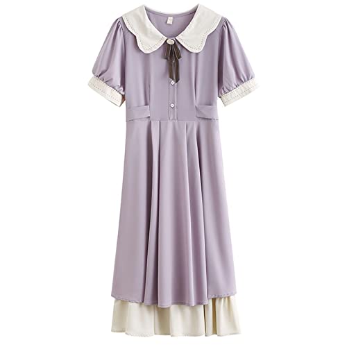 EIASER Niedlicher Lolita-Kleiderrock Süßes Kleid Sommer neue kleine frische Lotusblatt Bandage Taille kurzärmliger Feenrock (Color : Purple, Size : L) von EIASER