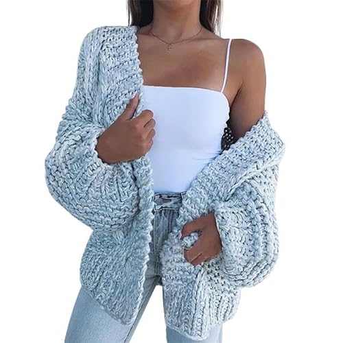 LIUYUYOUGO Cardigan Damen,Damen Grobstrick Strickjacken Mode Plus Größe Lose Einfarbig Hellblau Open Front Pullover Strickjacke Herbst Winter Elegant Weich Langarm Strick Oberbekleidung Jacke Mant von LIUYUYOUGO
