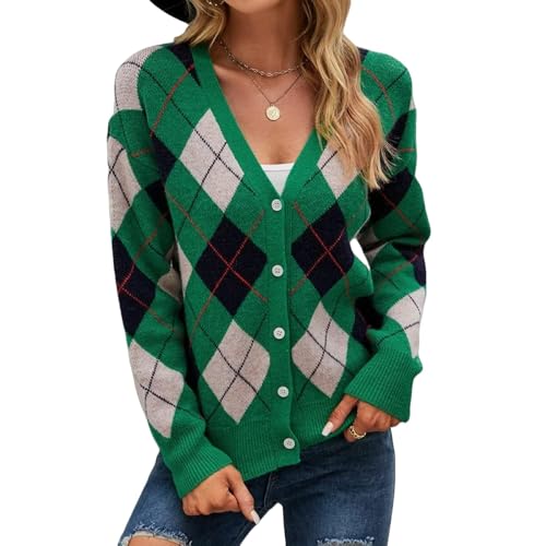LIUYUYOUGO Cardigan Damen,Damen Strickjacken Vintage Grün Argyle Plaid V-Ausschnitt Knopf Langarm Open Front Pullover Strickjacke Herbst Elegant Weich Strick Oberbekleidung Jacke Mantel,L von LIUYUYOUGO
