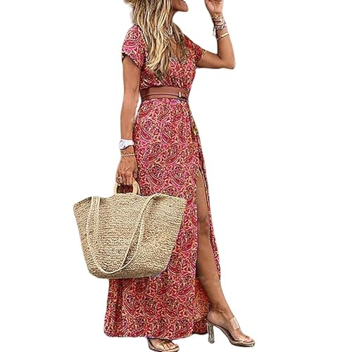 LIUYUYOUGO Damen Kleid,Böhmisches Langes Kleid Für Frauen Elegantes Rotes Blumenkleid Mit V-Ausschnitt Langes Freizeitkleid Gürtel Maxikleid Großer Saum Strand Boho Kleid Für Mädchen Damen,M von LIUYUYOUGO