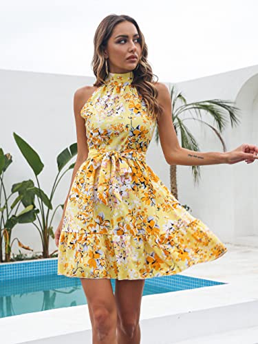 LIUYUYOUGO Sommerkleider Damen,Sexy Neckholder-Kleid Für Frauen, Böhmisches Blumen-Minikleid, Lässiger Gürtel, Schmales A-Linien-Kleid, Gelbes Strand-Party-Sommerkleid, Urlaubskleid Für Mädche von LIUYUYOUGO