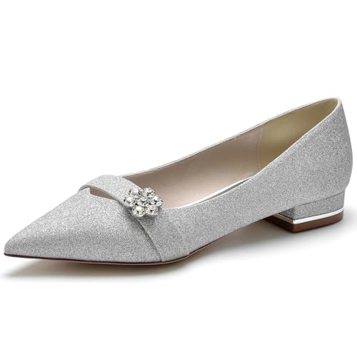 Brautschuhe, Flach Schuhe für Hochzeit, Damen Fashion Pumps Niedriger Absatz, Spitzen Toe Hochzeitsschuhe Flach,Silber,40 EU von EICOFF