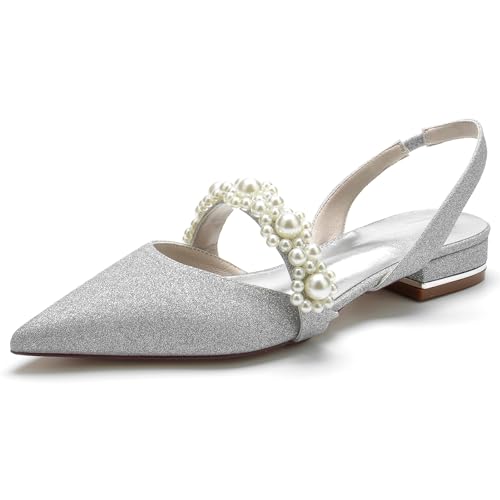 Brautschuhe Flach Bequeme Geschlossene Zehen Damen Pumps mit Riemchen Perle Hochzeitsschuhe,Silber,36 EU von EICOFF